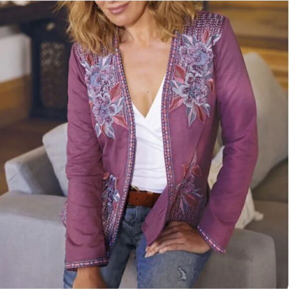 Soft Surroundings Playa embroidered open front jacket dark berry L - Picture 2 of 8